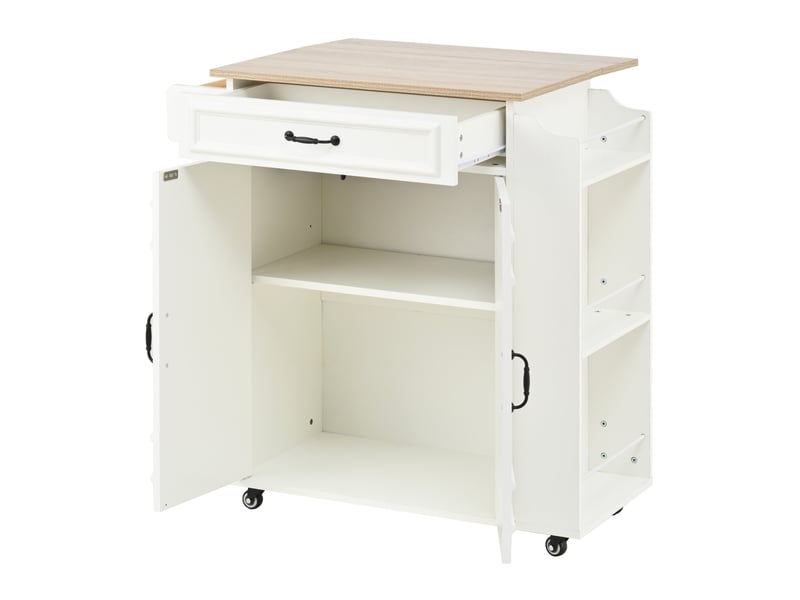  Desserte de cuisine 66x40-60x90 cm sur roulettes, plan rabattable, 1 tiroir, 2 portes, en mdf, couleur blanc et bois  - Conforama A