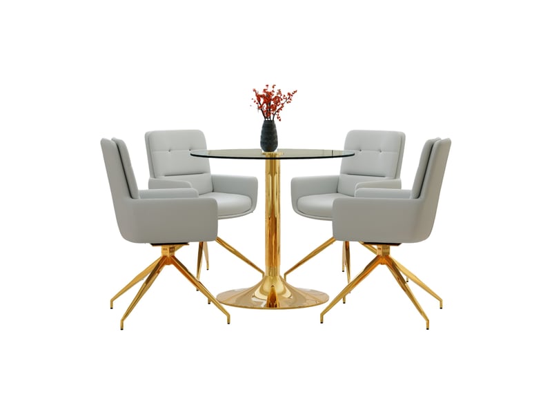  Ensemble table et chaises avec 1 table et 4 chaises pivotantes  - verre, métal et pu - transparent, or, gris  - Conforama A