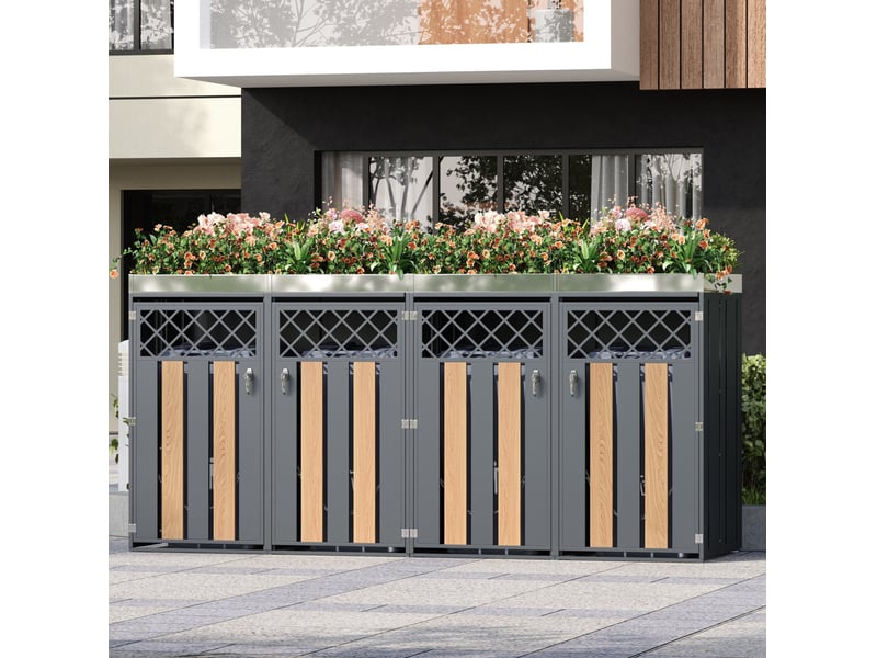 Abri de poubelles à 4 compartiments verrouillables en acier galvanisé, jardinière intégrée gris bois - Conforama B