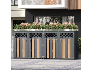 Abri de poubelles à 4 compartiments verrouillables en acier galvanisé, jardinière intégrée gris bois