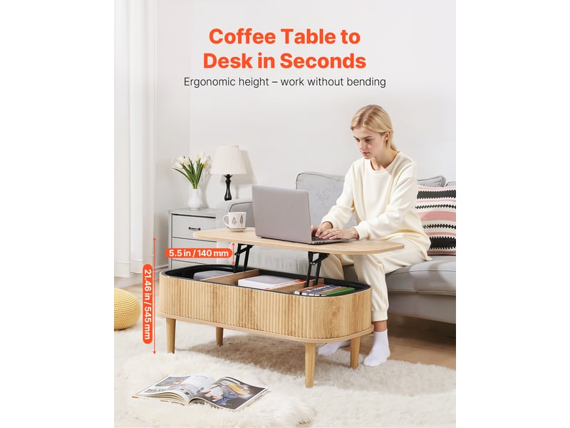  Vevor table basse relevable ovale, plateau 1000 mm, rangement 3 compartiments, mécanisme de levage métallique, bois naturel CQ-BLWB-SJZ002 - Conforama D