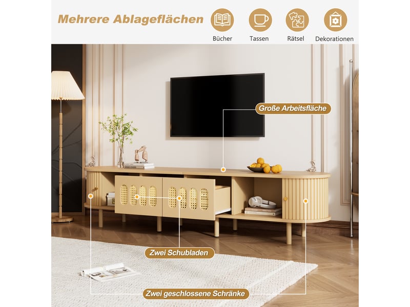 Meuble tv avec portes en rotin et rideaux coulissants - lpospi - mdf naturel 180 × 40 × 40 cm - Conforama E