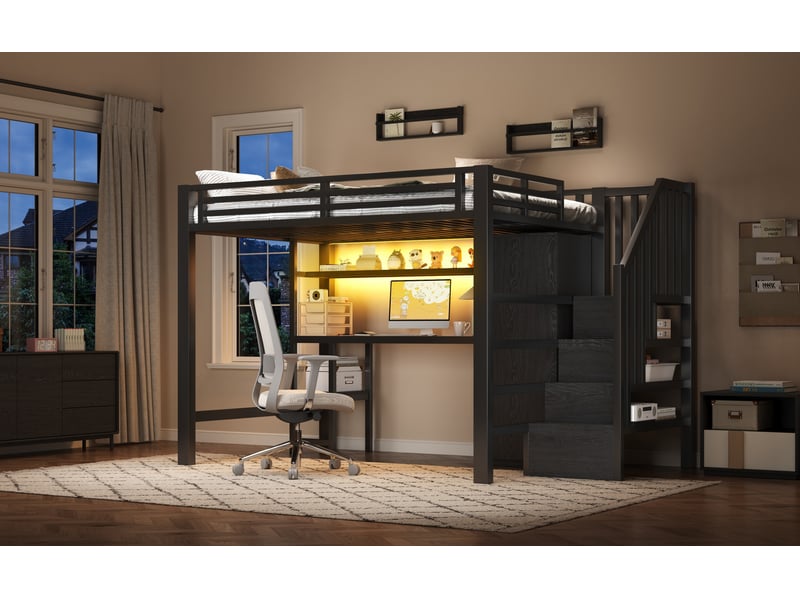  Lit mezzanine double 140×200 cm bureau, armoire et led réglable  - sans matelas, mdf et métal - noir  - Conforama E