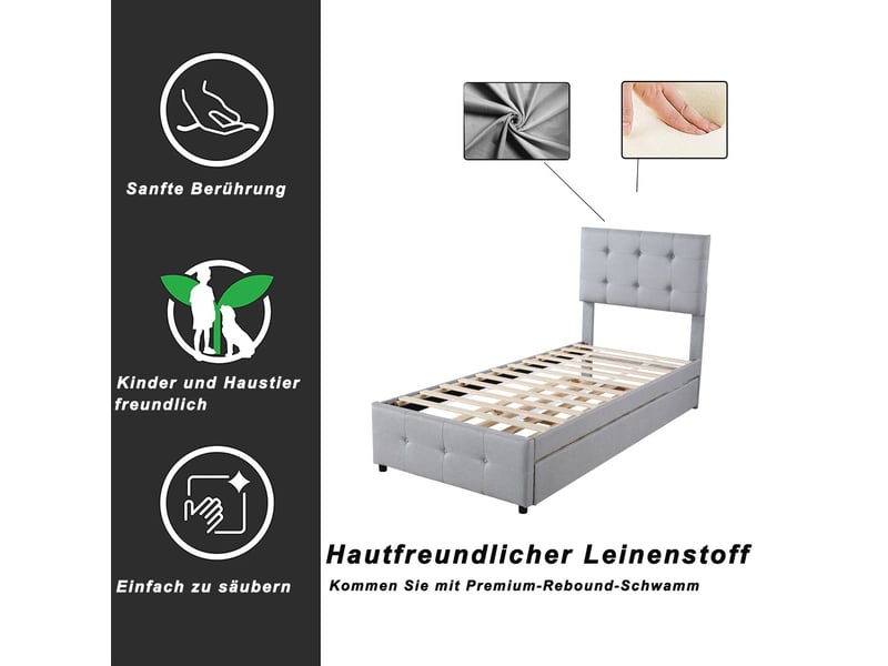  Lit gigogne 90x200 cm en lin gris doux respirant et capitonné - lit double - tête de lit réglable, lit enfant et invité, gain place  - Conforama C