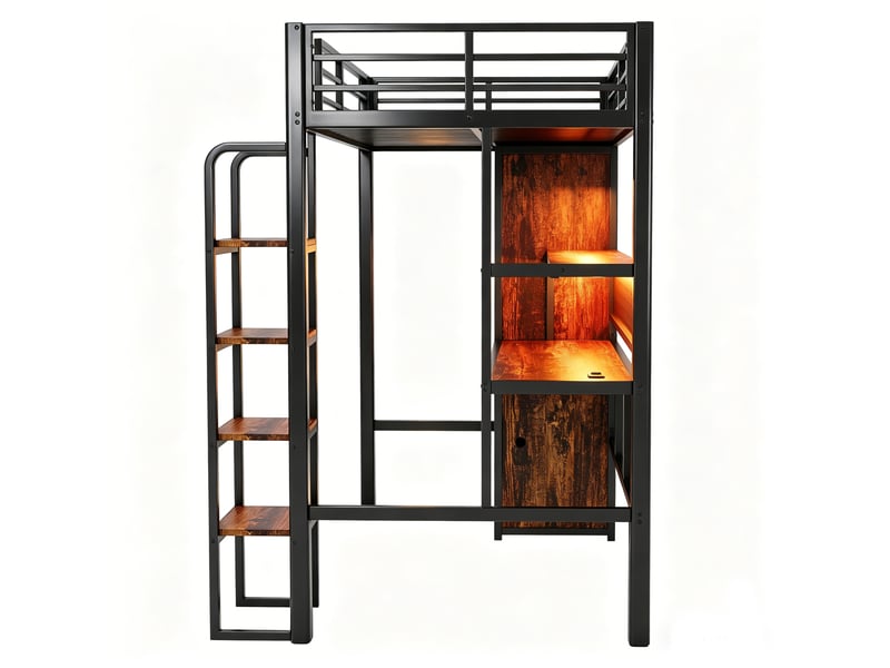  Lit mezzanine métal noir 90x200 cm, grand bureau, panneau perforé, armoire, étagère et led multicolore  - Conforama E