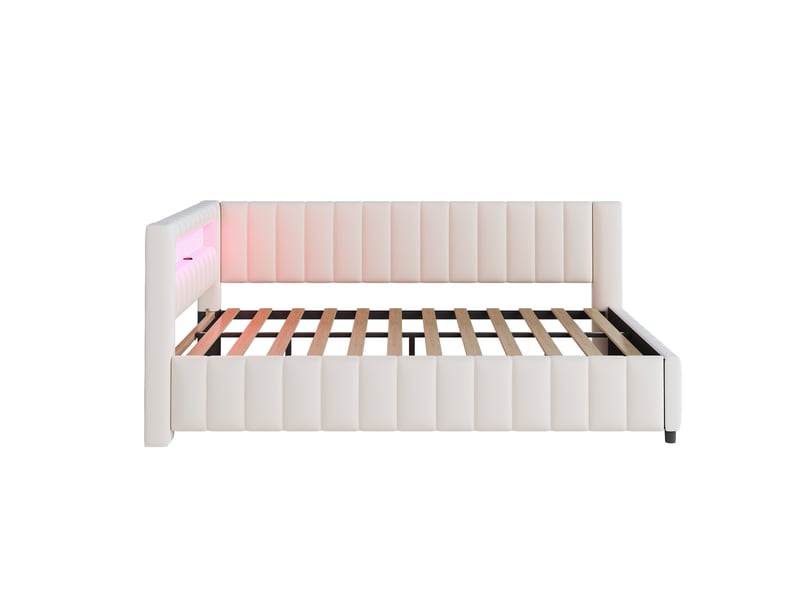  Lit d'appoint 140 x 200 cm beige en velours, forme en l avec éclairage led, port usb et sommier à lattes  - Conforama E