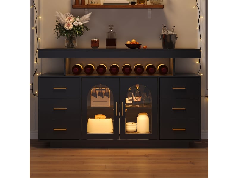  Meuble de rangement 140 x 40 x 82 cm éclairage led 6 tiroirs 2 portes vitrées étagère ouverte rangement à bouteilles de vin rangement spiritueux  - Conforama B