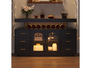 Meuble de rangement 140 x 40 x 82 cm éclairage led 6 tiroirs 2 portes vitrées étagère ouverte rangement à bouteilles de vin rangement spiritueux