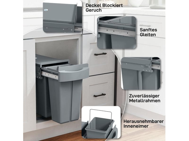  Poubelle de cuisine encastrable 30 l 52x26x40,8 cm – grise – 2 bacs amovibles, coulissement silencieux  - Conforama E