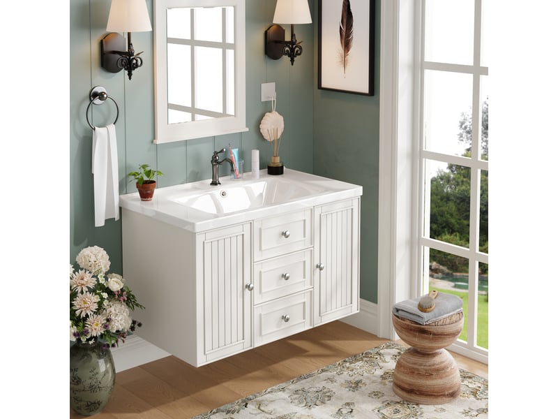  Meuble sous vasque suspendu avec 3 tiroirs et 1 porte, vasque en céramique, salle de bain, 78,5×46×46,8 cm  - Conforama C