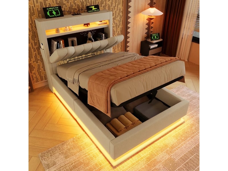 Lit capitonné 90x200 cm avec coffre de rangement, led, ports usb et tête de lit étagère, lin beige - Conforama B