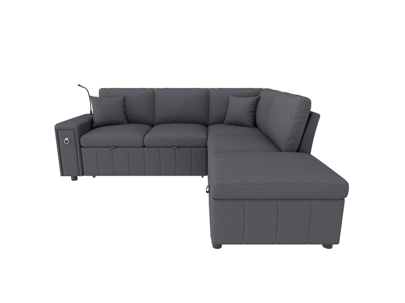  Canapé d'angle convertible 5 places avec rangement, table pliante, prises usb et usb-c, lampe de lecture en tissu gris  - Conforama E