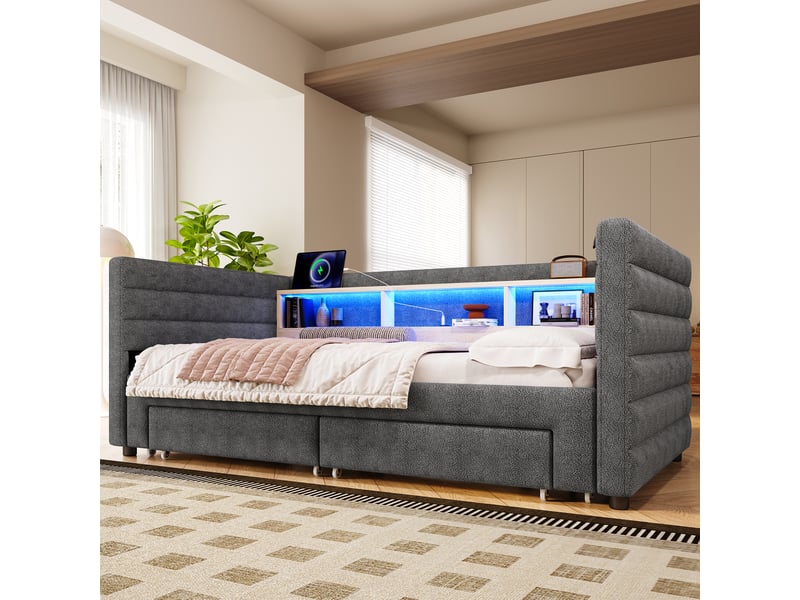  Lit gigogne rembourré 90x190 cm coloris gris led velours lit adulte gris - Conforama E