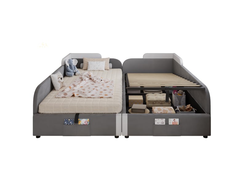 Lit coffre enfant 90x200 cm, avec lit enfant combiné double, rangement, sommiers, velours, gris et blanc, sans matelas - Conforama A