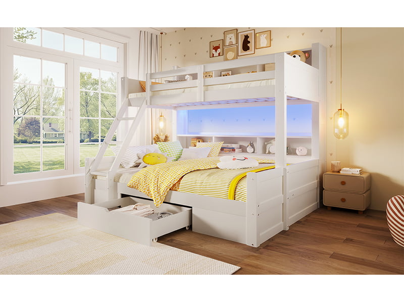 Lit superposé 90x200 cm et 140x200 cm, avec tiroir et led, en bois, blanc, sans matelas - Conforama D