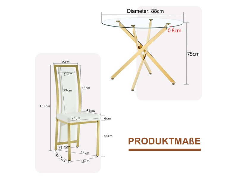  Ensemble table ronde et 4 chaises, plateau en verre trempé 88 cm, sièges blancs en similicuir et structures en métal doré  - Conforama D