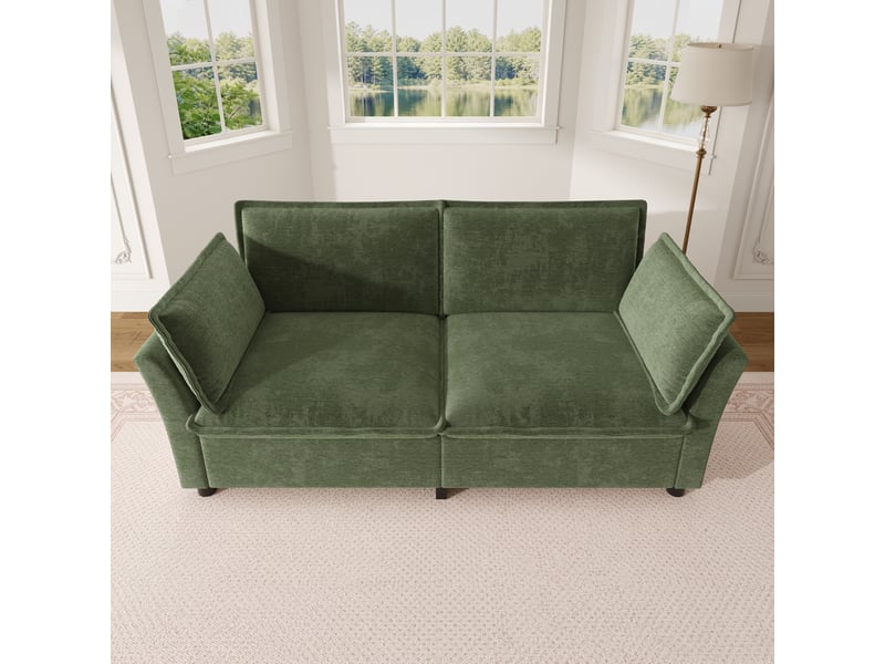Canapé 2 places en tissu chenille vert, 2 coussins d'accoudoir, montage facile, 155×81×87 cm - Conforama E