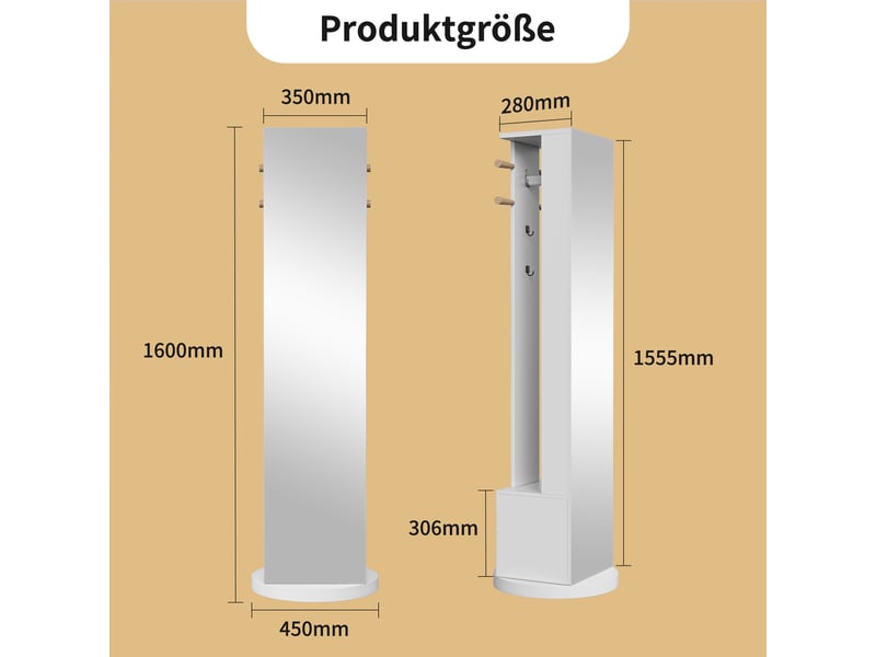  Miroir pleine longueur sur pied pivotant 360° avec portemanteau et tiroirs de rangement, blanc  - Conforama C