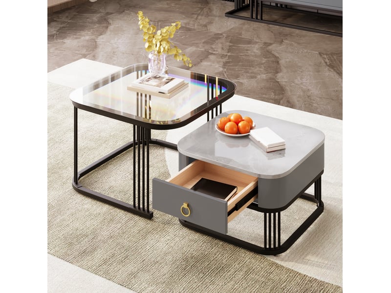  Table basse modulaire avec 2 tiroirs, plateau effet marbre et verre, structure gigogne, en mdf noir, pour salon  - Conforama C