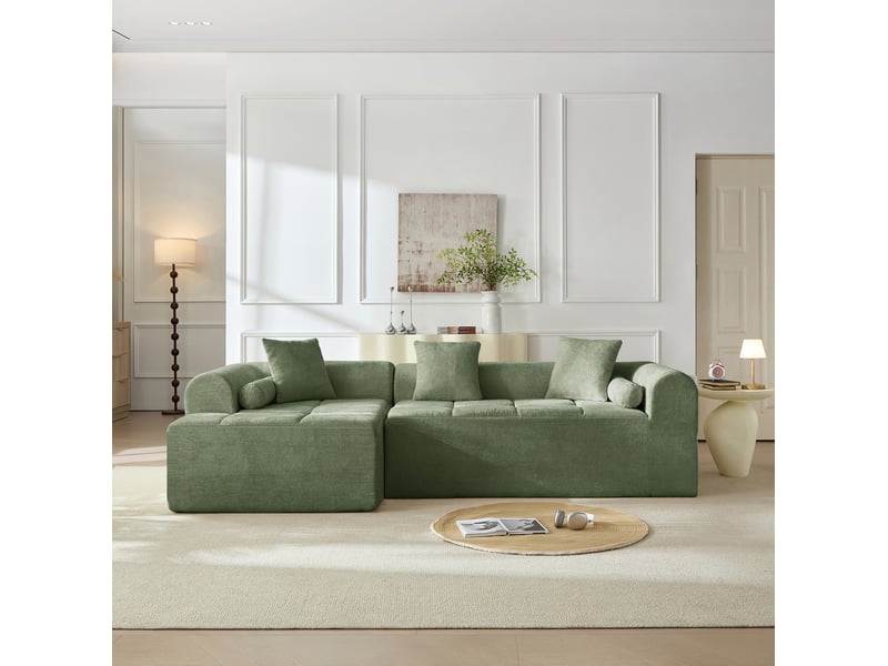  Canapé d'angle modenvie 4 places vert en tissu chenille 263 x 132,5 x 68 cm avec accoudoirs galbés et poche porte-revues  - Conforama E