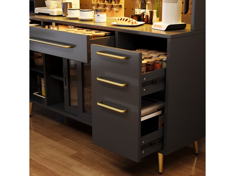 Buffet haut led avec pegboard, 2 tiroirs et portes coulissantes, 145x39x171 cm, mdfverre, noir  - Conforama R