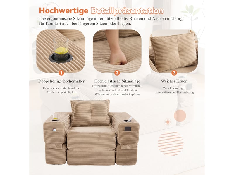  Canapé convertible 2 places en velours côtelé kaki avec tiroir de rangement et porte-gobelet  - Conforama D