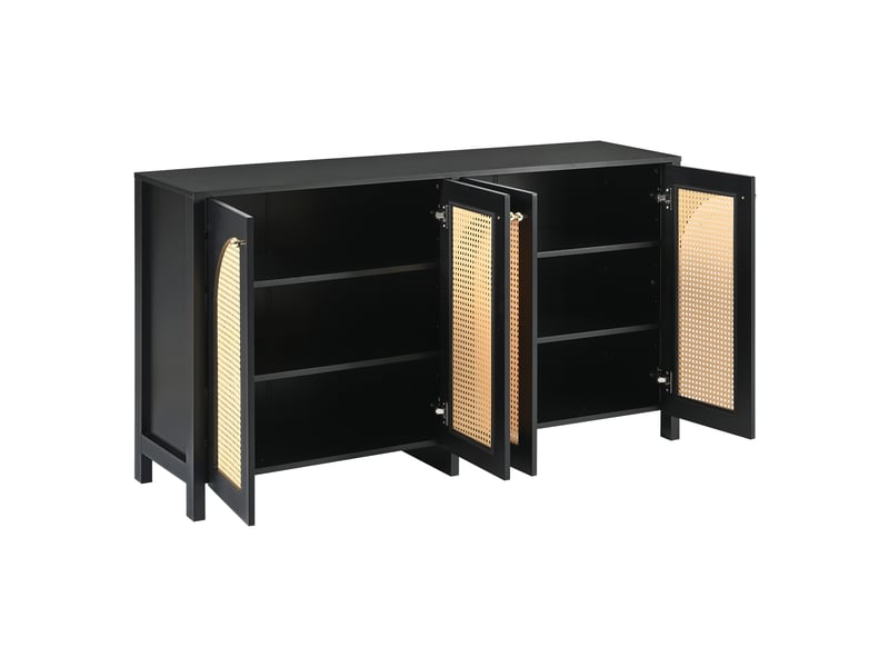  Buffet moderne noir avec 4 portes en rotin synthétique, meuble de rangement pour salle à manger et salon, 145 cm  - Conforama D