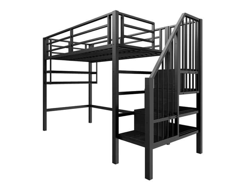  Lit mezzanine enfant 90x200 cm, espace de rangement, étagères,  garde-corps, sommier, métal noir, sans matelas  - Conforama R