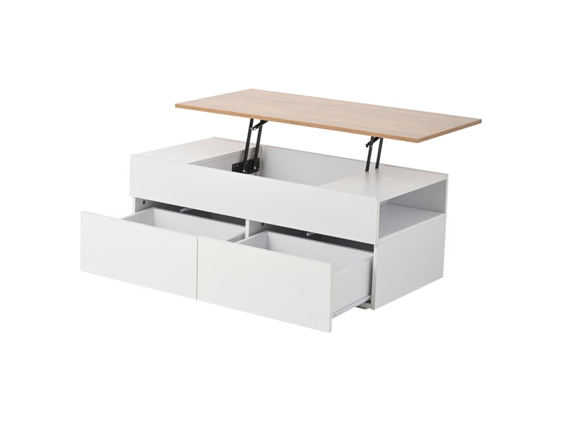  Table basse relevable avec 2 tiroirs, 100 x 50 x 40 cm, blanc et aspect bois  - Conforama R