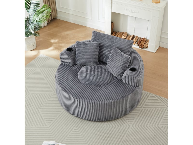  Fauteuil pouf rond 1 place avec porte-gobelets, poches latérales et 3 coussins amovibles en velours côtelé gris  - Conforama B