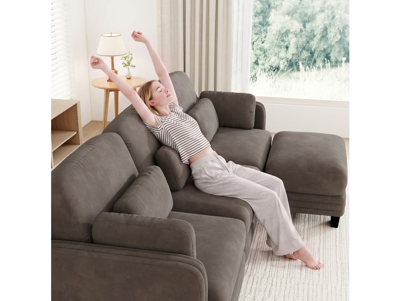  Canapé d’angle modulable 4 places 330x143x88 cm, design ergonomique, coussins inclus, avec pouf, tissu en chenille, marron  - Conforama E