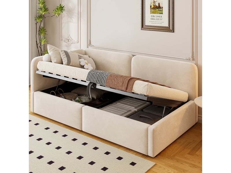  Lit coffre 90x200 cm avec rangement hydraulique et tête de lit rangement, lit simple avec sommier à lattes en tissu beige  - Conforama D