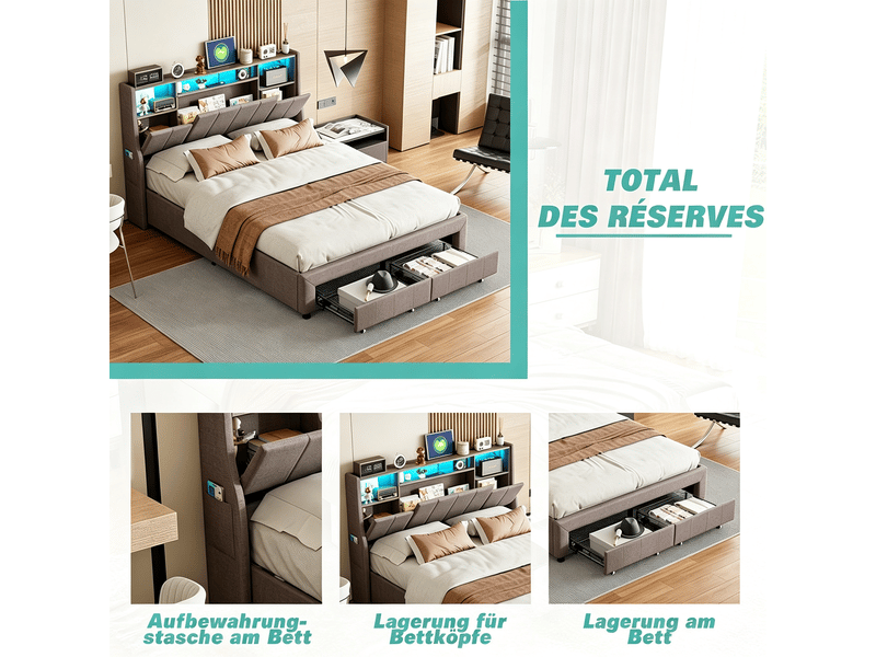  Lit 140x190 cm - 240813sm - led réglable - scandinave - lin - cadre de lit double 140x190 cm - gris  - Conforama D