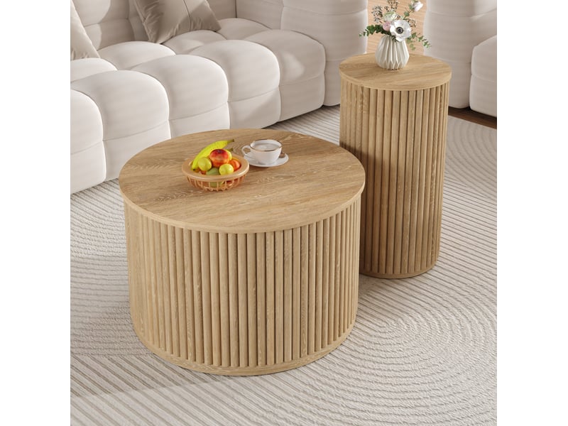  Lot de 2 tables basses rondes 60x60 cm et 30x30 cm, stries verticales, mdf, couleur naturelle  - Conforama D