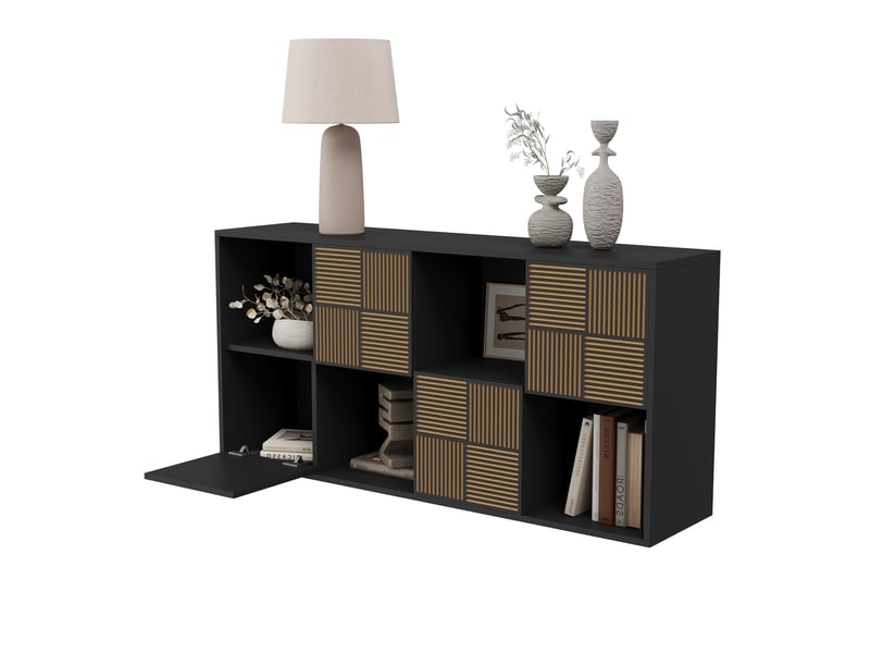  Bibliothèque 8 cases - 60x30x125cm - meuble de rangement modulaire étagères ouvertes &amp; portes cannelées - noir  - Conforama A