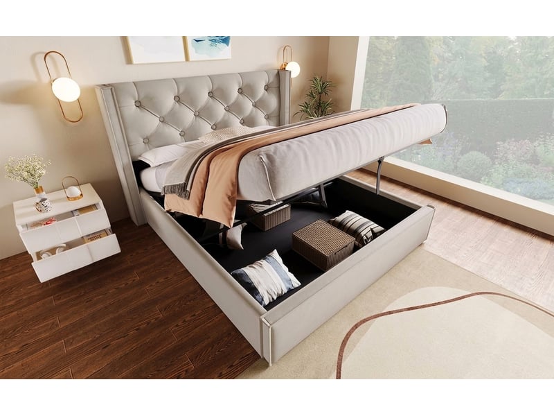  Lit coffre 140x200 capitonné avec sommier à lattes en bois et grand espace de rangement gris clair  - Conforama B