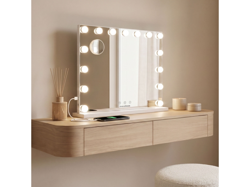  Miroir de coiffeuse hollywood, 15 ampoules led, 3 tons de lumière, intensité réglable, mini miroir x10 innovagoods  - Conforama B