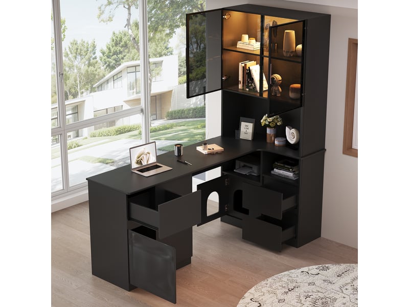  Bureau d’angle 120 × 80 × 180 cm, avec étagères et vitrine led, 3 tiroirs, 2 portes et rangement ouvert, mdf, noir, façade vitrée, finition soignée CARDUME ESTIVAL - Conforama B
