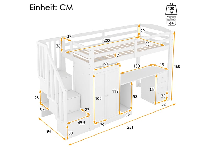  Lit mezzanine enfant 90x200 cm avec armoire, bureau et 2 tiroirs de rangement - blanc  - Conforama E