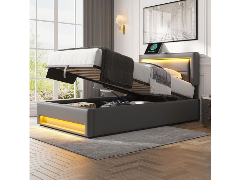  Lit coffre 90x190 cm en pu gris avec led, usb et recharge sans fil  - Conforama D