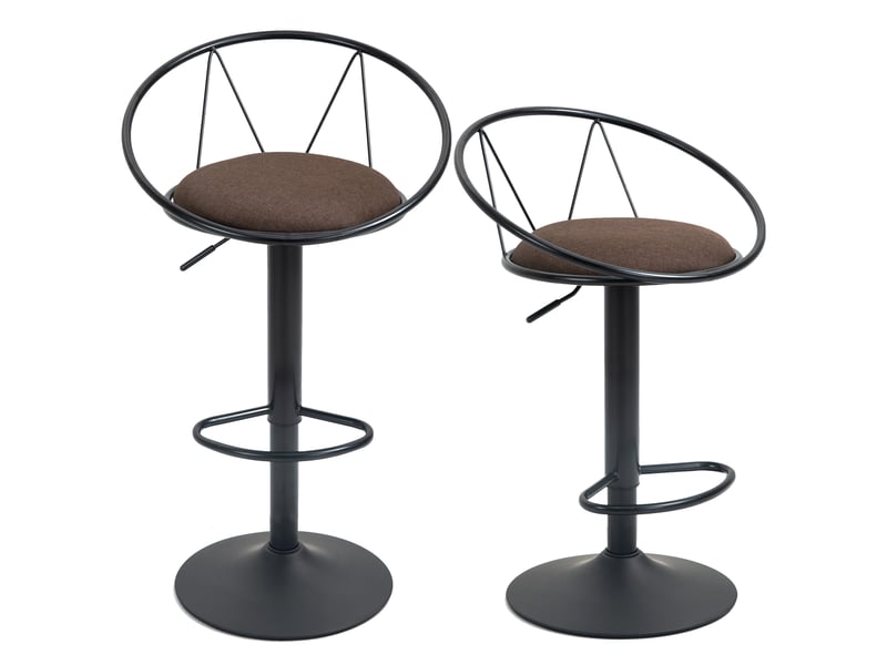  Ensemble 2 tabourets bar réglables, cuisine hauts, dossier, repose-pieds, assise moelleuse, métal, pivotants 360°, îlot central, marron.  - Conforama B