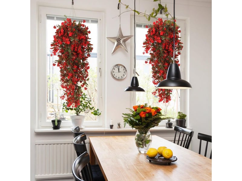  Lot de 2 plantes retombantes artificielles rouges avec fleurs et feuillage vert, décoration sans entretien résistante aux uv pour jardin et terrasse  - Conforama B