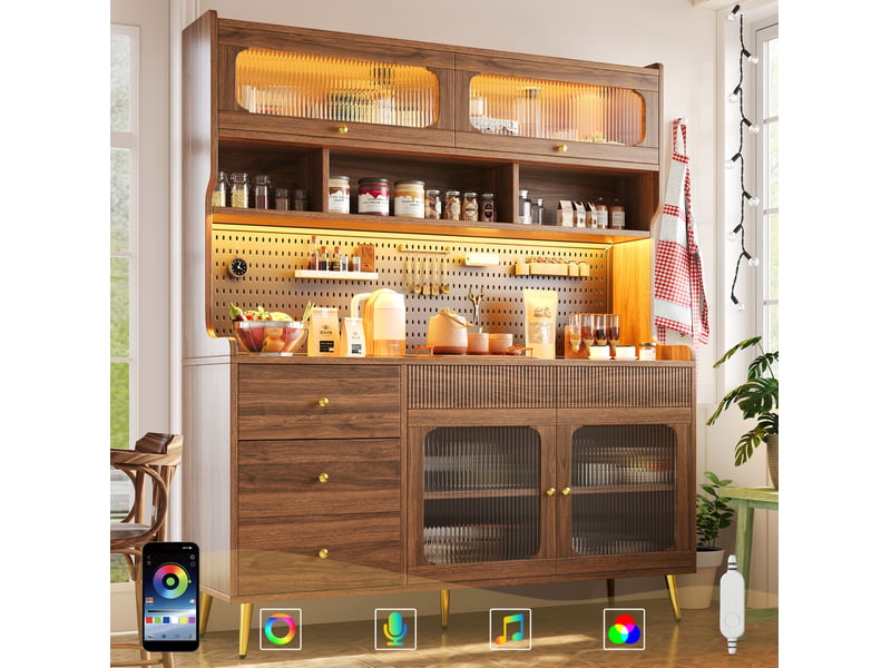 Buffet haut avec led 145 x 39 x 171 cm, verre strié, mdf et métal, noyer - Conforama D