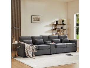 Canapé droit 4 places gris foncé en tissu aspect lin, console centrale, 2 porte-gobelets, usb et 4 coussins