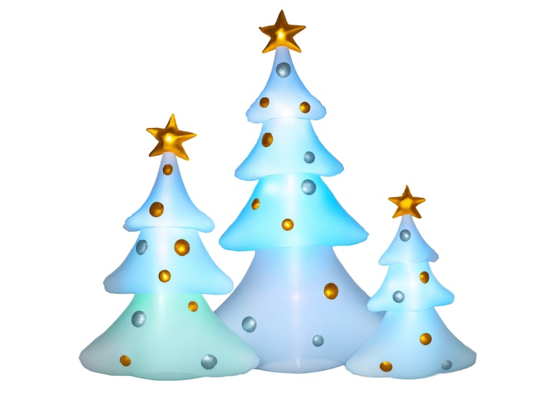 Ensemble de 3 sapins noël gonflables avec souffleur et accessoires fixation, intérieur extérieur, blanc et or  - Conforama A