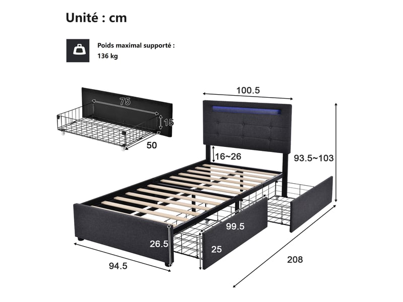  Lit avec rangement 90x200 cm – lit simple avec tête de lit réglable et led, lin et métal, sans matelas, gris  - Conforama C