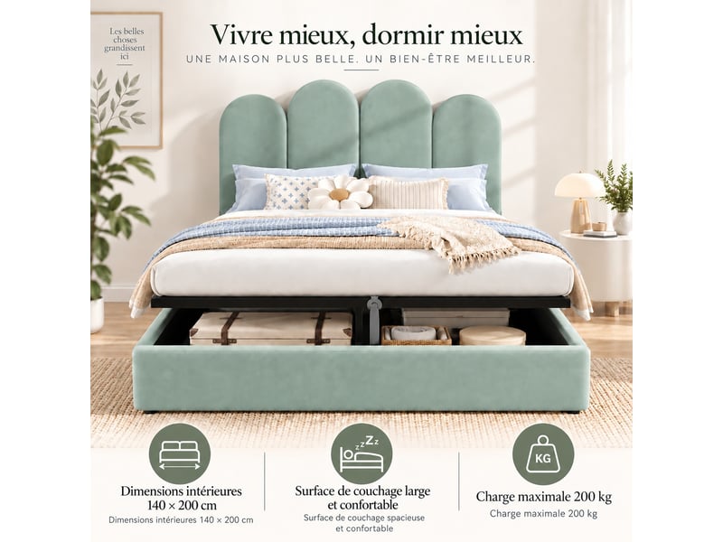  Lit coffre rembourré 140x200 cm avec sommier relevable hydraulique, grand rangement et tête de lit arquée en velours, vert  - Conforama B