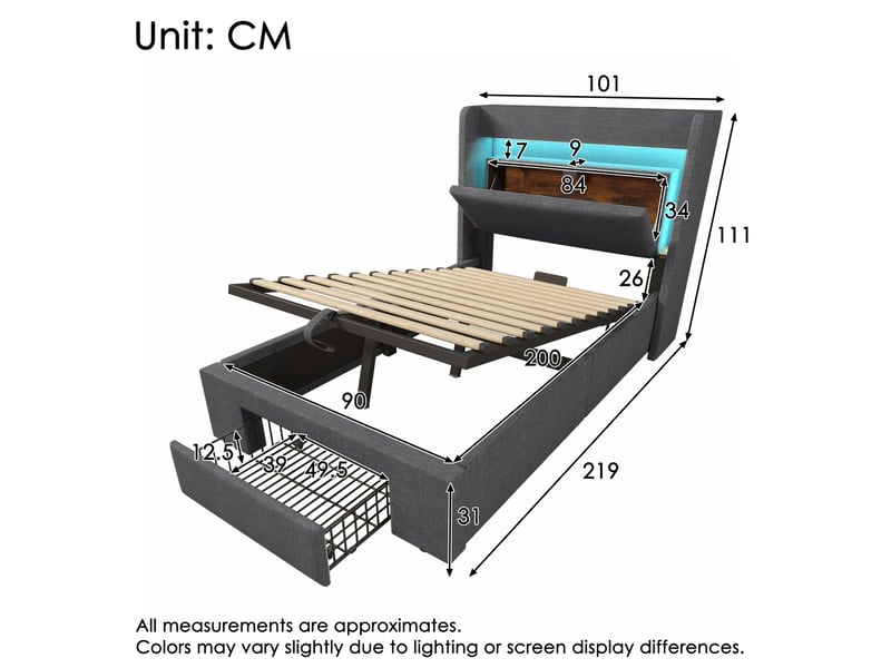  Modenvie lit coffre 90x200 cm - rangement hydraulique, led et ports usb usb-c, avec matelas - gris  - Conforama C