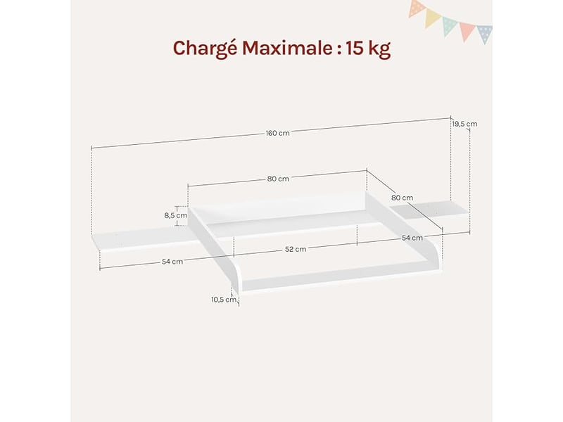 Plan à langer pour commode, table à langer,coins arrondis, amovible, 160 x 80 x 10 cm, blanc - Conforama C
