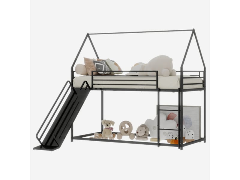  Lit superposé enfant 90x190 cm, forme maison avec toboggan, escalier, noir, sans matelas  - Conforama D